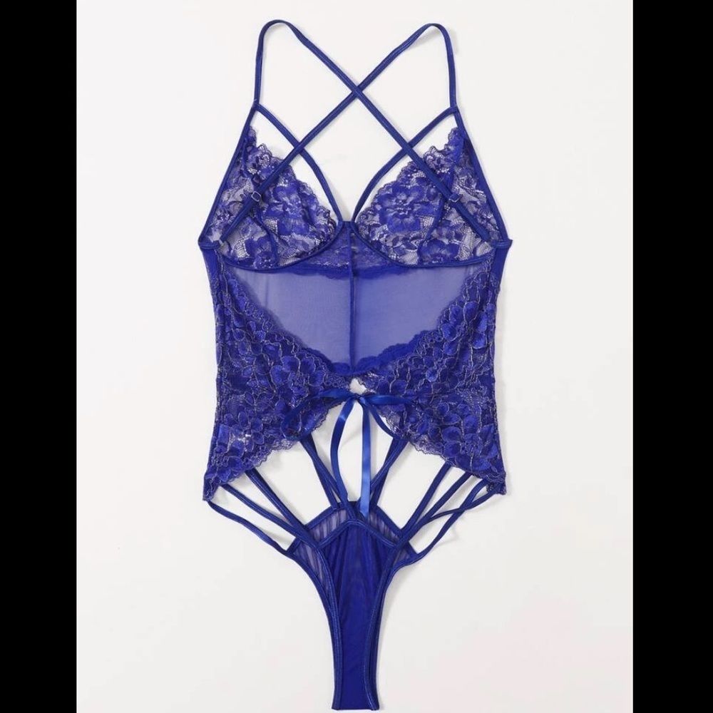 Royal Blue Lace Transparent Teddy Bodysuit - Picture 6 of 8